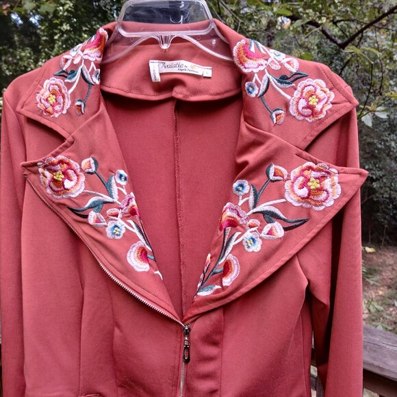 Pumpkin Spice Fabric Moto Style Jacket with Vibrant Floral Embroidery Sz L - Picture 2 of 10